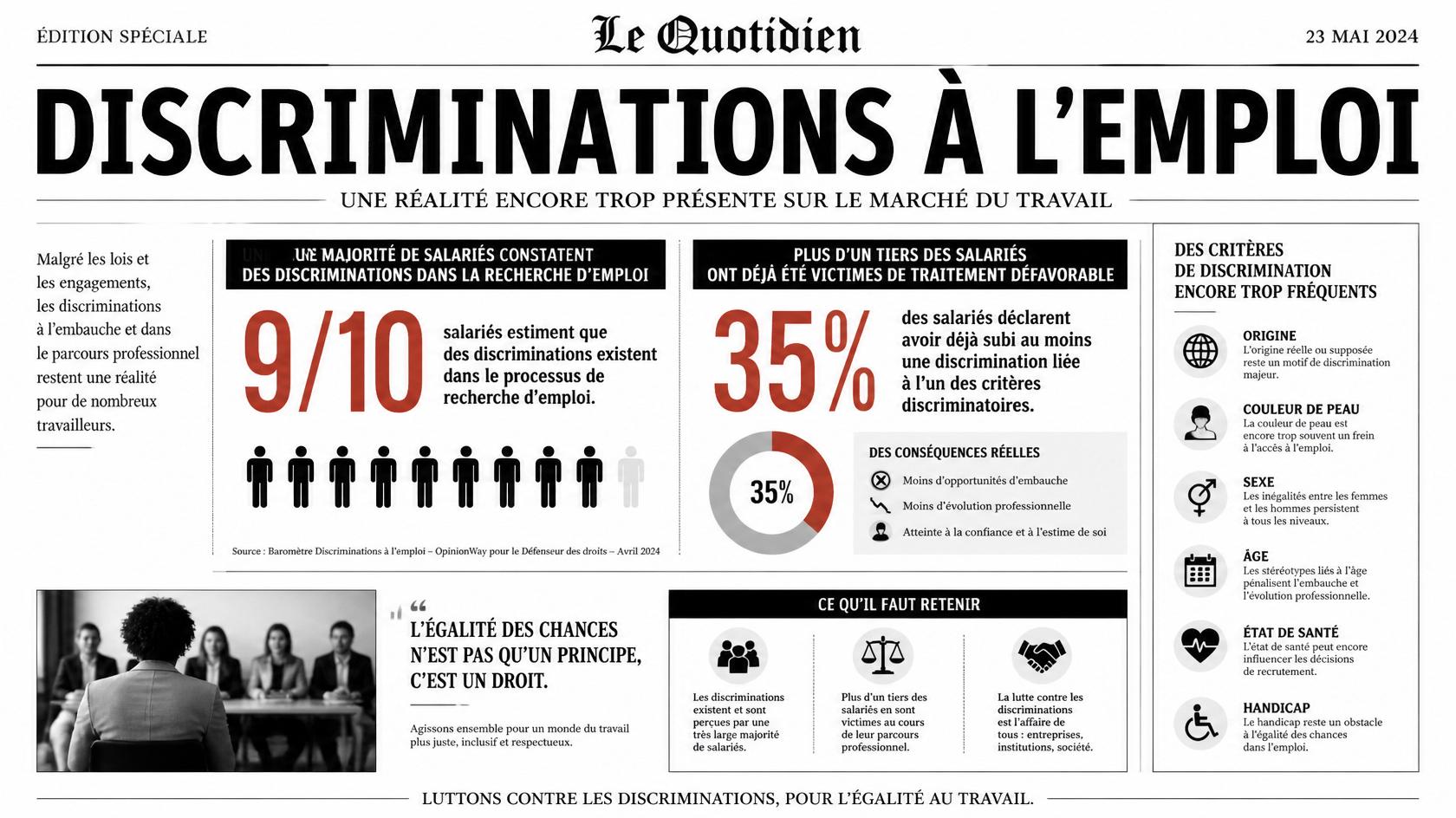 Infographie : les discriminations à l'emploi restent une réalité répandue sur le marché du travail français (baromètre OpinionWay pour le Défenseur des droits, avril 2024)